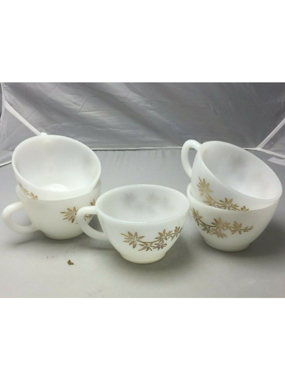 Vintage Federal Glass White Gold Leaf Meadow Print Tea Cup Set 5 Heat Proof